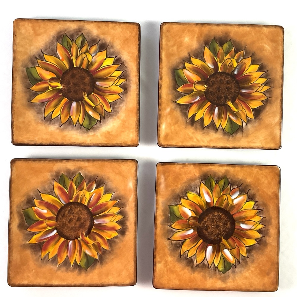 Tuscan sunflower – by clay art – handpainted stoneware salad plates-set of four
